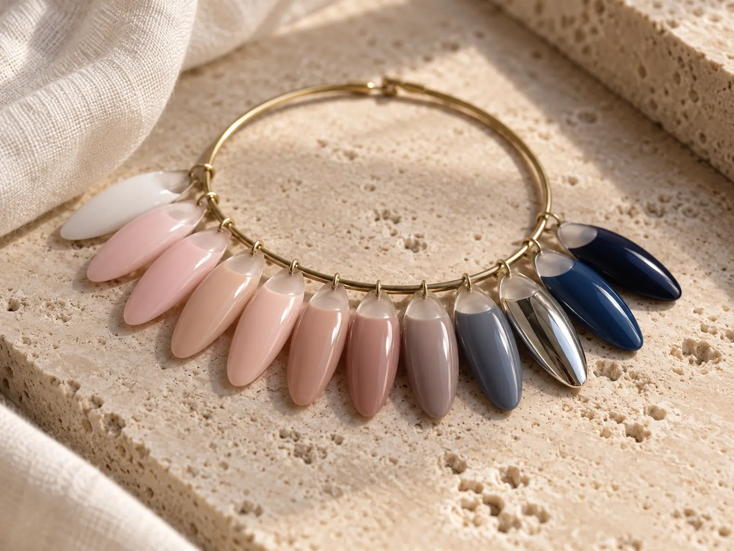 A brass swatch ring of almond nail tips painted from milk white through ballet pink and nude to ultramarine.