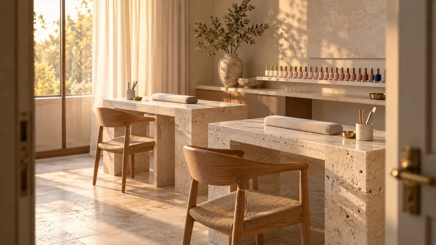 An empty nail studio at golden hour: two travertine tables, oak chairs and a shelf of polish from milk to ultramarine.