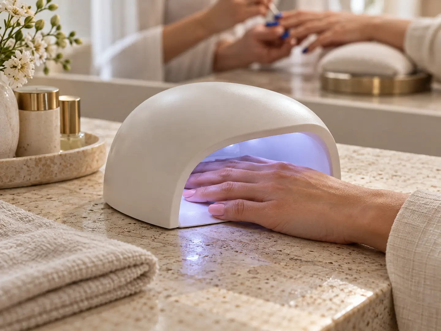 A hand resting under a small white nail lamp while, behind it, a technician already works on the next client.
