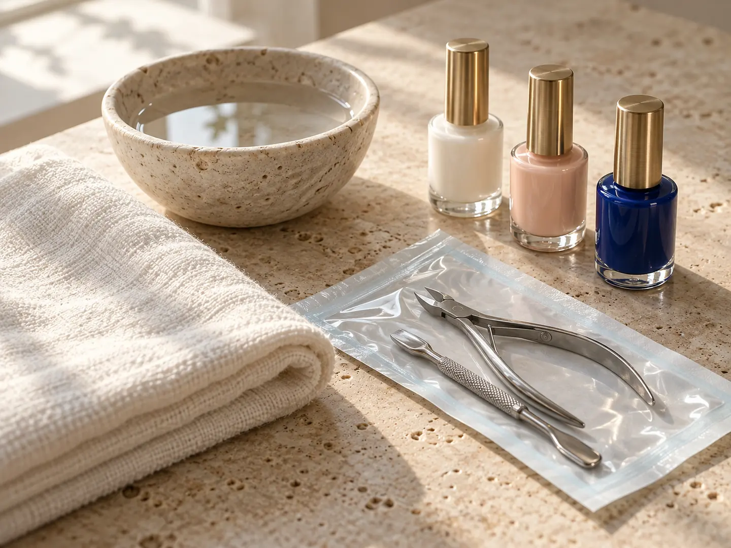 A manicure table set for the next client: a folded towel, tools in a sealed sterilisation pouch and three polish bottles.
